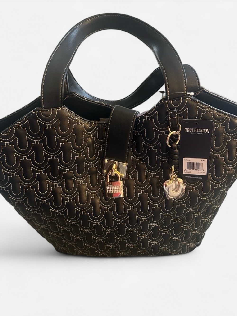 Gorgeous Large True Religion Black Quilted Tote Handbag with Charm